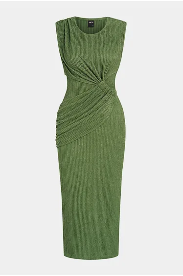 Round Neck Asymmetrical Ruched Sleeveless Midi Dress