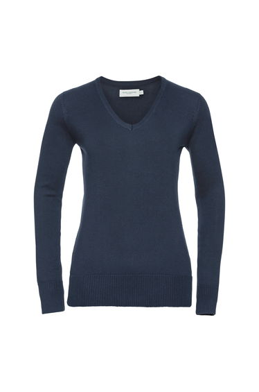 Russell Collection Ladies/Womens V-Neck Knitted Pullover Sweatshirt - French Navy