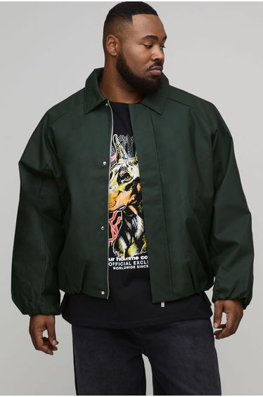 Plus Boxy Soft PU Collared Padded Harrington Jacket - green