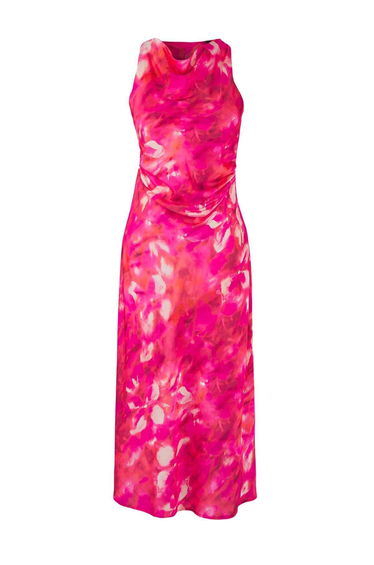 Pink-Multicolored Abstract Satin Midi Unlined Dress