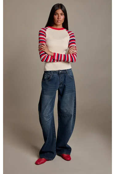 Contrast Stripe Sleeve Knitted Top
