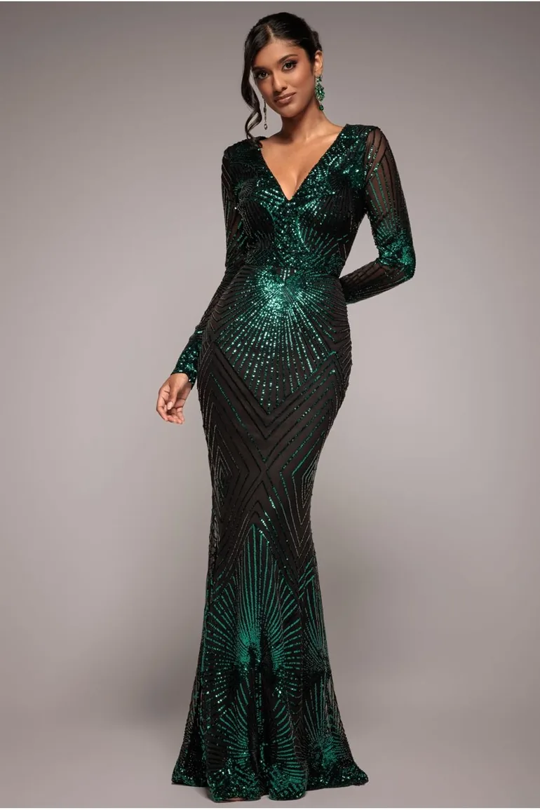 Green Sequin Mermaid Evening Dress with Long Sleeves