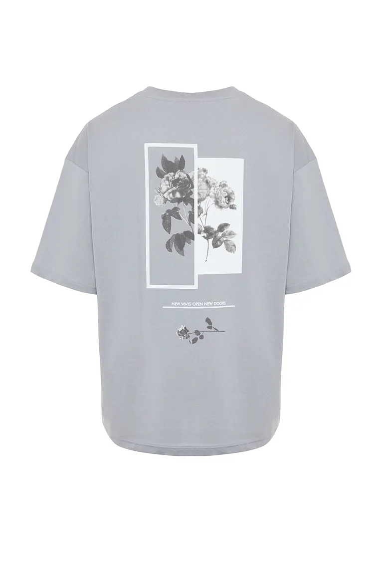 Gray Men's Oversize/Wide Cut Crew Neck Floral Print Short Sleeve 100% Cotton T-Shirt - 6