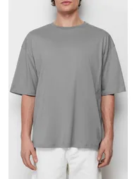 Gray Men's Oversize/Wide Cut Crew Neck Floral Print Short Sleeve 100% Cotton T-Shirt - 4