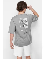 Gray Men's Oversize/Wide Cut Crew Neck Floral Print Short Sleeve 100% Cotton T-Shirt - 3