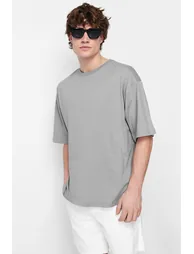 Gray Men's Oversize/Wide Cut Crew Neck Floral Print Short Sleeve 100% Cotton T-Shirt - 1