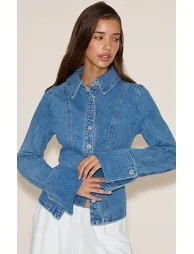 Mid Blue Wash Long Sleeve Cinch Waist Denim Shirt