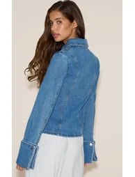Mid Blue Wash Long Sleeve Cinch Waist Denim Shirt - 2