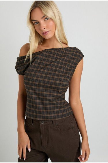 Asymmetric Check Top - brown