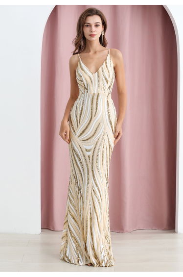 Multicolor Sequins V-Neck Mermaid Cami Gown in Cream
