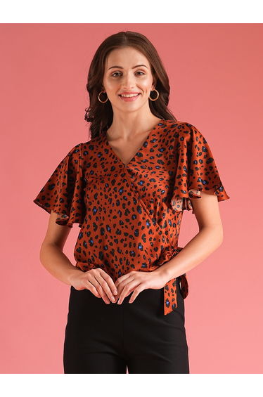 Women Brown Animal Print Flared Sleeves Wrap Top