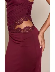 Deep Plum Mesh Ruched High Neck Lace Trim Cut Out Maxi Dress - 3