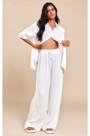 White Textured Woven Drawstring Wide Leg Trousers