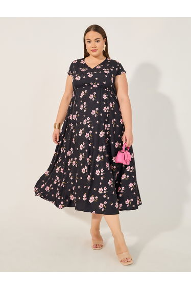 Plus Size Floral Print V Neck A-Line Midi Dress
