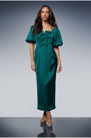 Satin Bow Front Puff Sleeve Dress