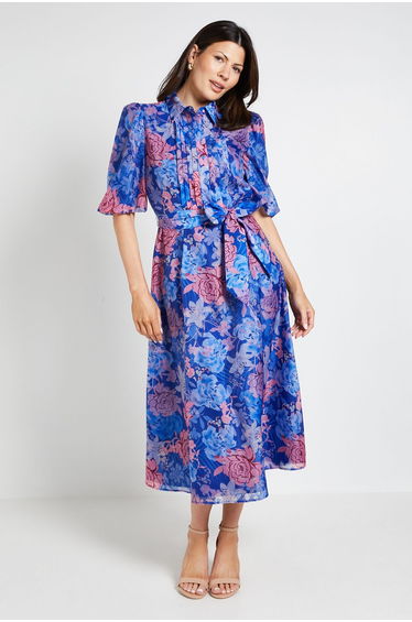 Floral Organza Pintuck Midi Shirt Dress