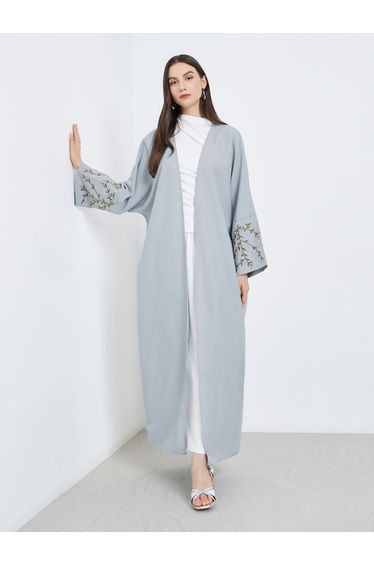 Grey Open Front Embroidered Sleeve Abaya