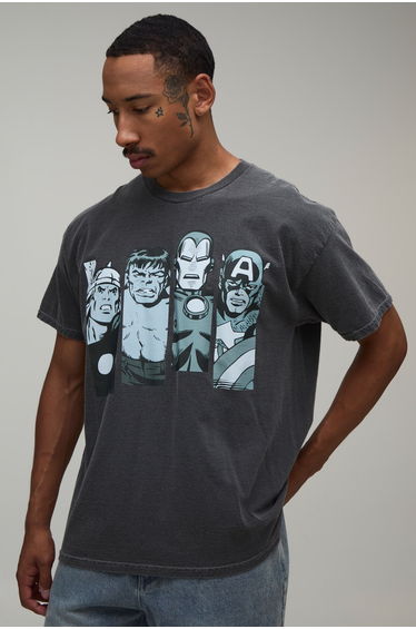 Oversized Washed Avengers Print T-Shirt - washed charcoal