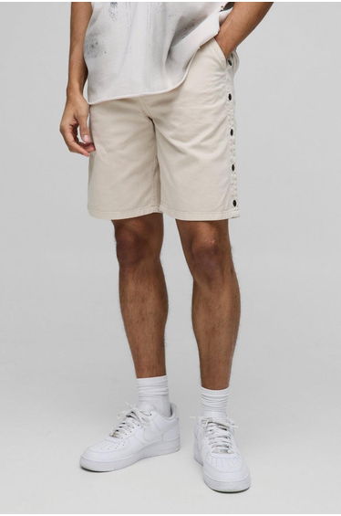 Relaxed Fit Overdyed Twill Popper Hem Shorts - stone