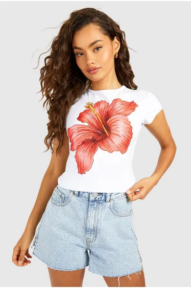 Flower Printed Cap Sleeve Baby Tee - white
