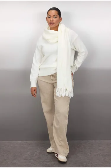 Ecru Soft Texture Knit Sweater with Removable Shawl Detail