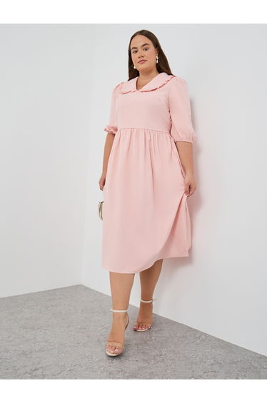 Plus Size Peter Pan Balloon Sleeves A-Line Midi Dress
