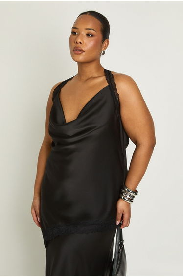 Plus Satin Lace Trim Asymmetric Cowl Neck Top - black