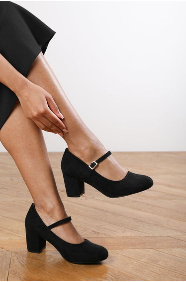 Breanna Block Heel Court Shoes in Black Faux Suede Leather