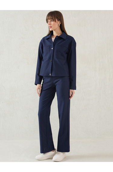 Women Navy Blue Striped Jacket