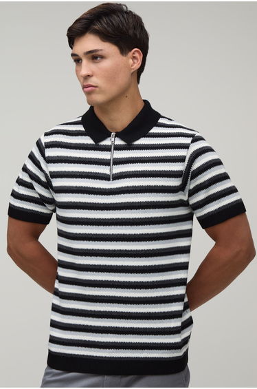 Regular Fit 1/4 Zip Striped Knitted Polo - black