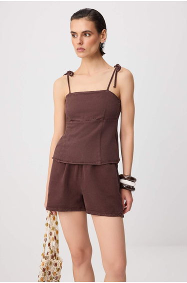 Brown Tencel Blended Strappy Crop Denim Blouse