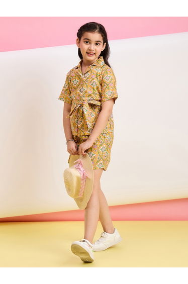 Yellow Floral Cotton Shirt and Shorts Set for Girls