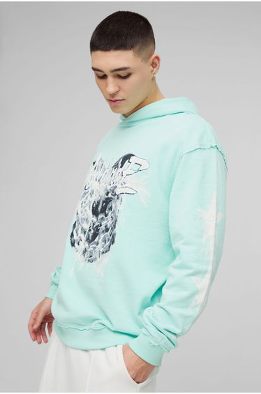 Oversized Loopback Raw Seams Worldwide Printed Hoodie