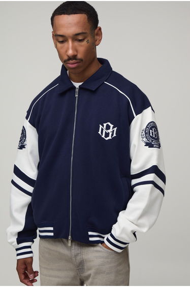 Boxy Fit Collared Colour Block Varsity Jersey Jacket - navy