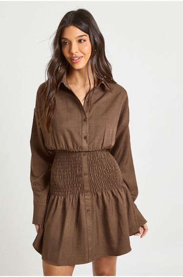 Textured Shirred Waist Shirt Dress - chocolate