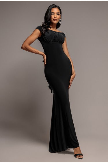 Open Back Cowl Neck Gathered Maxi Dress With Velvet Tie Back - Black by Goddiva