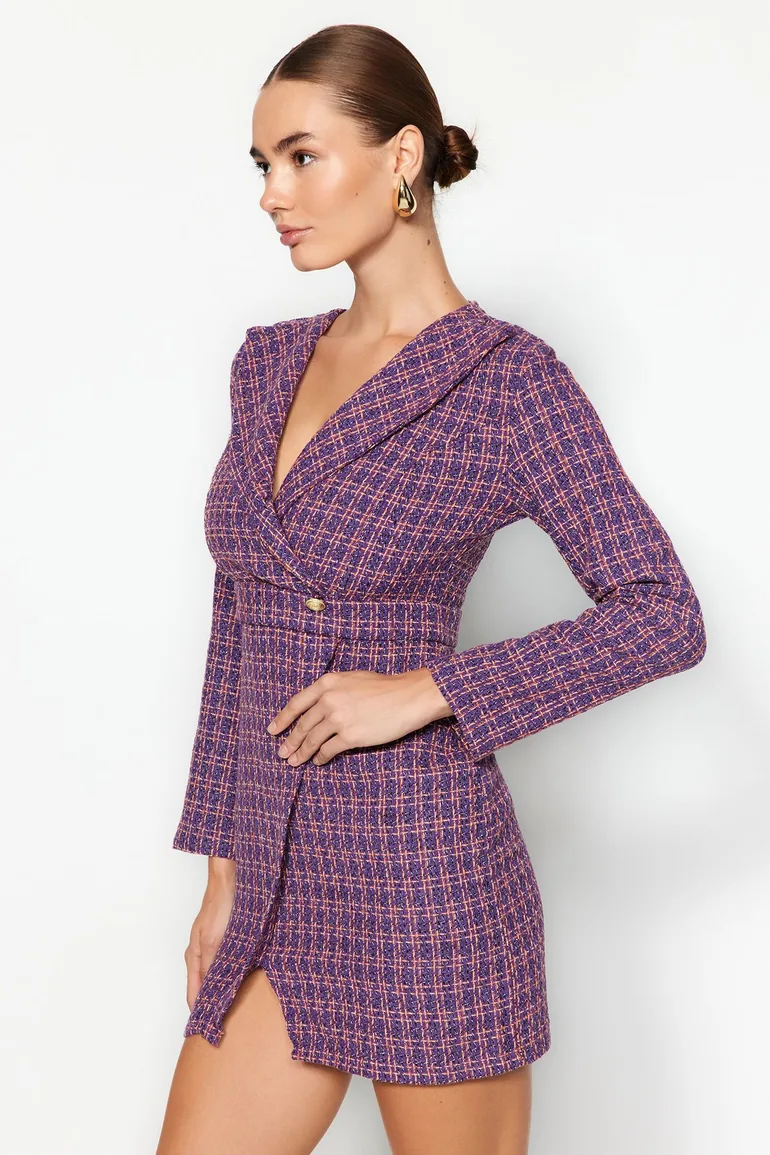 Shop Purple Double Breasted Woven Tweed Dress Online in Iraq