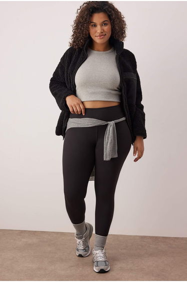 Black soft brushed fabric reflective print detailed full length knitted sports leggings