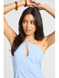 Cotton Poplin Halterneck Dropped Asymmetric Hem Mini Dress - baby blue - 3