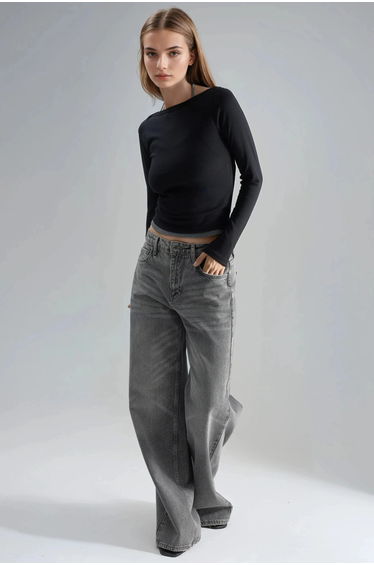 BUSEM Slim Fit Ribbed Boat Neck Blouse