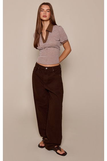 Chocolate Textured Stripe Rugby Style Top