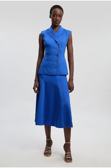 Tailored Linen Button Front Full Midi Skirt
