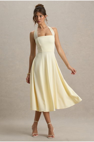 Auburn | Pale Lemon Halter-Neck Midi Dress