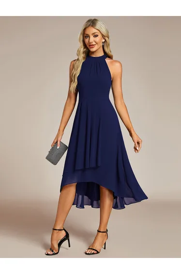 ever POSIE|Midi Halter Neck Chiffon Wedding Guest Dress with Sleeveless and A-Line