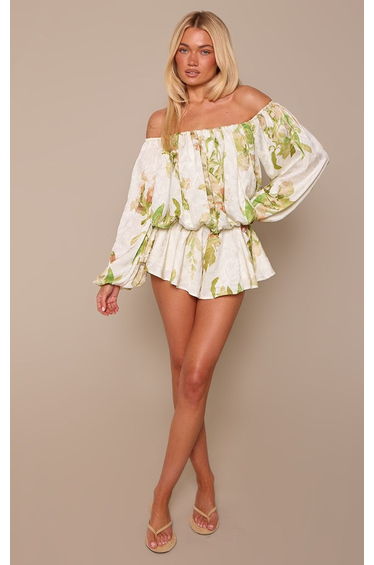 Cream Satin Jacquard Floral Print Bardot Floaty Playsuit