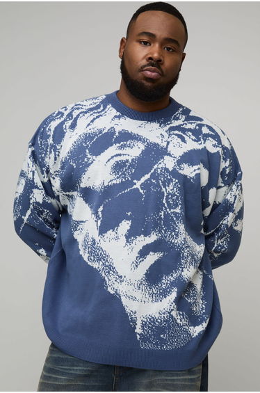 Plus Oversized Face Jacquard Knitted Jumper - blue