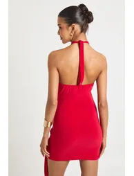 Halterneck Tie Detail Mini Dress - red - 2
