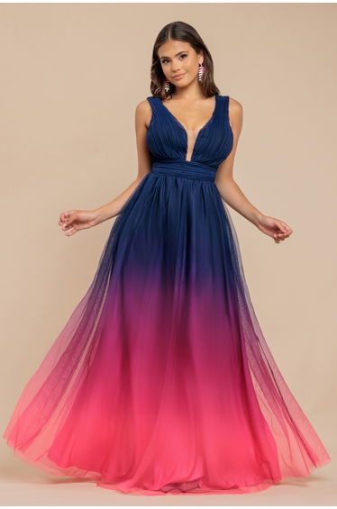Goddiva Sleeveless Ombre Pleated A-Line Maxi Dress - Pink Ombre