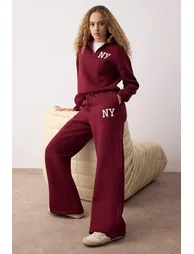 Teen Burgundy Embroidered Stand Collar Half Zippered Wideleg/Wide Leg Knitted Tracksuit