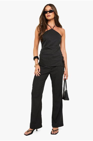 Pinstripe Halter Lace Up Top - black